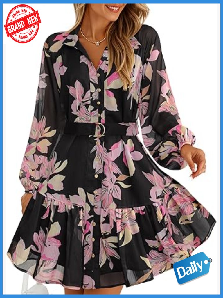 Long Sleeve Floral Chiffon Mini Dress With Belt - A-Line Swing